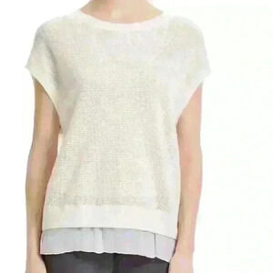 Vince Wool Cashmere Pointelle Blouse Silk Hem Size S